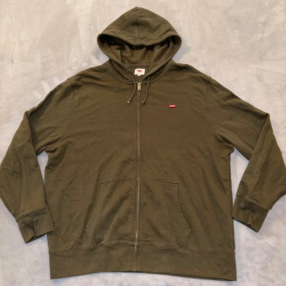 Levis Mens XXL Full‎ Zip Hoodie Olive Green Red Tab Logo Fleece Sweatshirt
